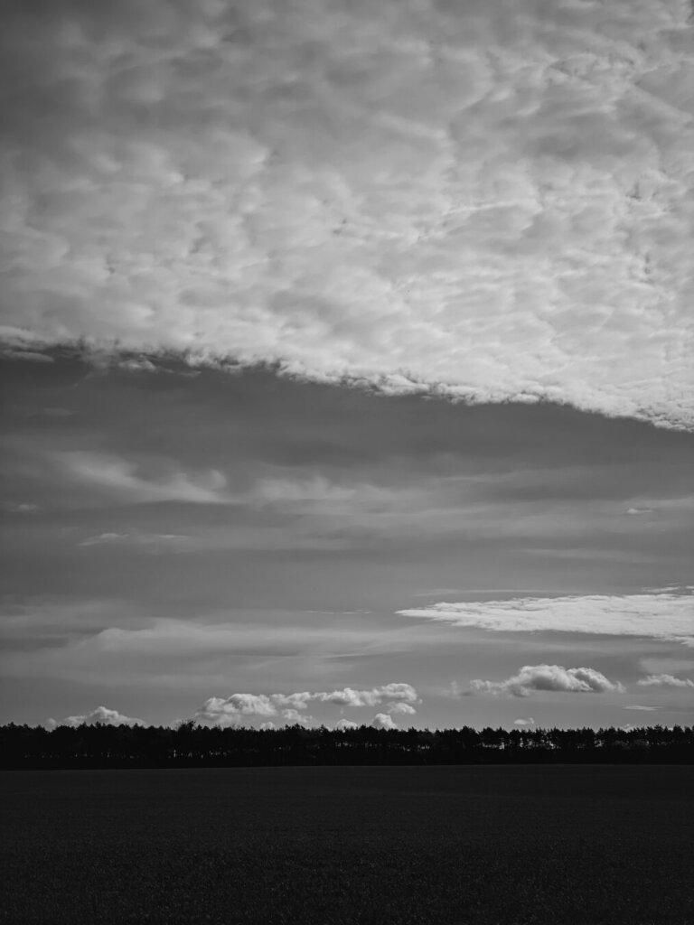 Himmel mit einem wolkenlosen und mit einem bewölkten Streifen, darunter Feld mit mit Waldstreifen