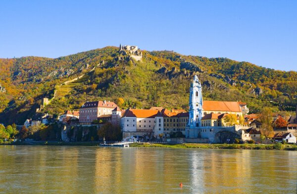 view of dürnstein in the wachau from the southern banks of the danube, sunny day in early november