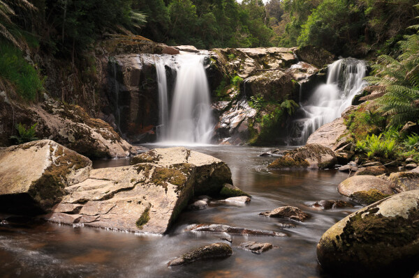 The main Halls Falls as seen from inside the creek. They fall in two distinct falls, the left one being straight over a ledge, dropping a few metres before landing in the pool, and the right side being more of a cascade over the same height. 