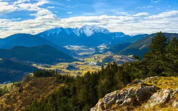 Alpine landscape in early spring, view of the schneeberg from the geländehütte, grünbach am schnneeberg, lower austria