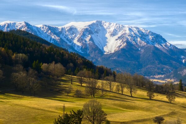 view of the snowy schneeberg from grünbach am schneeberg, lower austria