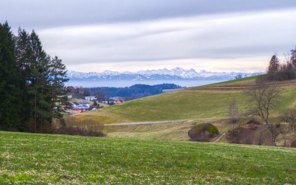 early spring landscape in the mühlviertel, upper austria, with the sowy peaks of the alps in the distance