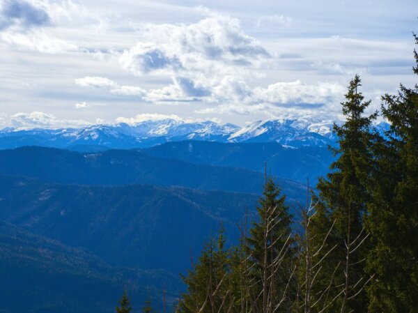 View of the snowy alps from the grosse Scheibe, styria