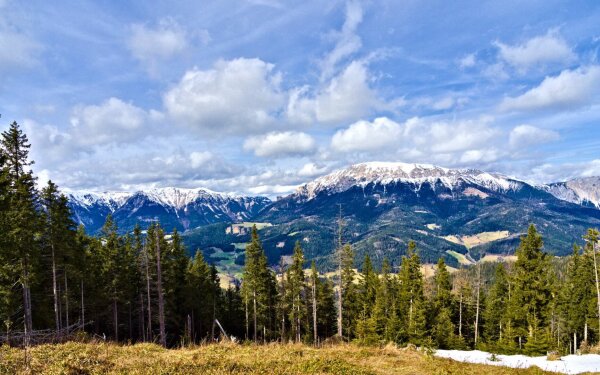 view of the mountains raxalpe and schneealpe from the grosse scheibe near mürzzuschlag, styria, in spring