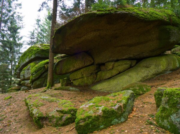 Huge mossy round Rocks at the naturpark mühlviertel in rechberg, upper austria