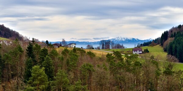 Landscape in the naturpark mühlviertel in rechberg,  upper austria, with the ötscher in the background