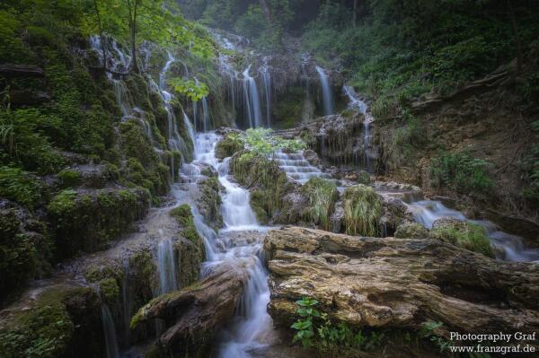 A stunning image of a waterfall in a dense forest setting is depicted in this photograph. The waterfall cascades down a rocky surface, surrounded by lush green foliage and tall trees. The tranquil stream of water flows gracefully through the forest, creating a serene and picturesque scene. This natural landscape captures the beauty of water resources and showcases the harmony between the elements of nature. The image exudes a sense of peace and tranquility, making it a perfect depiction of the outdoors and the wonders of the natural world.