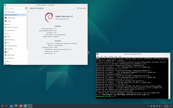 Plasma 6.1 on Debian Sid/Experimental starts, but apps such as Konsole or Dolphin are still missing and the 5.x versions break the installation.