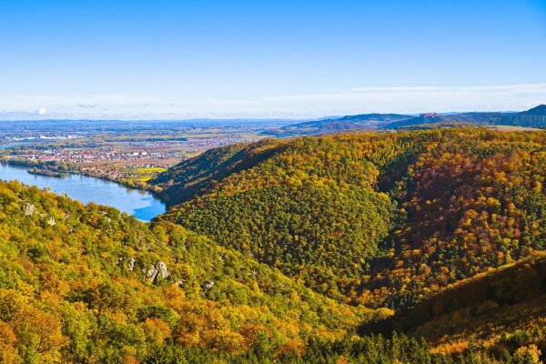 View of the dunkelsteiner forest, the danube and göttweig monasteryin the distance in early november from the pemexel mountain, wachau, lower austria