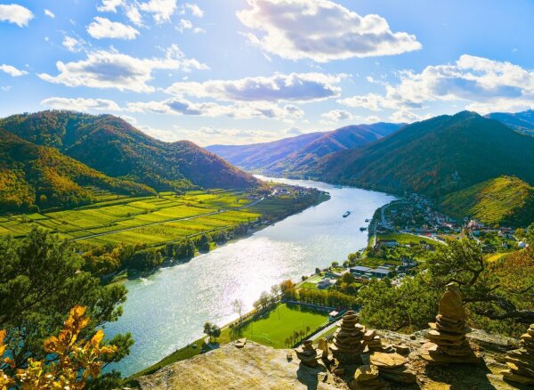 View of a village spitz on the bank of the danube