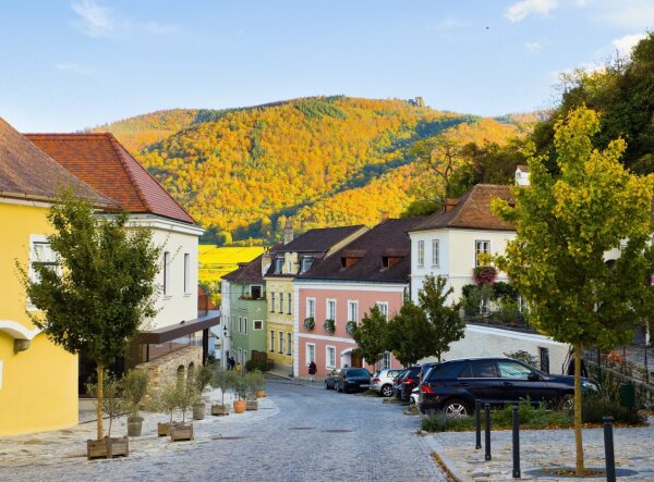 Street in the old village spitz an der donau in the lower austrian wine region wachau, mountain with orange trees in the background